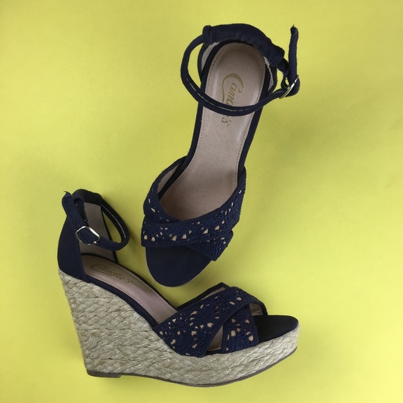 Candie's Casey Crochet Espadrille Wedge in Navy - Picture 1 of 7